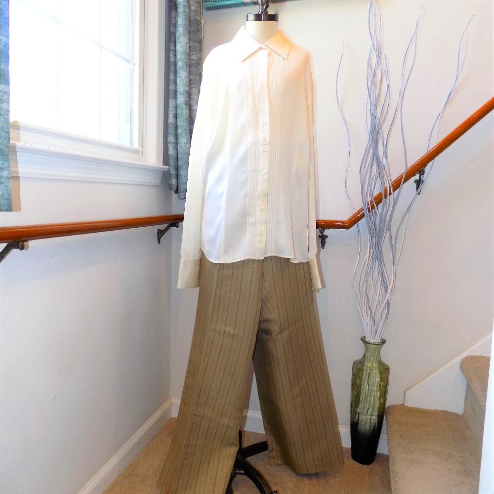 ANN TAYLOR Cream Pleated Tuxedo Blouse & Beige Pinstripe Pants Plus Size 14